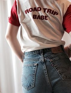 Road Trip Babe Tee Red Graphic Tee For Everyday Wear, Red Graphic Tee For Everyday, Retro Red Tops With Slogan, Red Retro Slogan Tops, Everyday Graphic Tee In Red, Vintage Red Top With Text Print, Red Vintage Top With Text Print, Vintage Red Tops With Text Print, Vintage Red Top With Letter Print