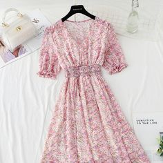 Fabric: Chiffon Size: S M L XL Color: purple, pink, yellow, apricot, orange Pink Casual Chiffon Dress For Spring, Casual Pink Chiffon Dress For Spring, Feminine Summer Chiffon V-neck Dress, Casual Pink Chiffon V-neck Dress, Cottagecore Chiffon Dress For Spring, Pink Flowy Chiffon Casual Dress, Pink Flowy Casual Chiffon Dress, Pink Summer Chiffon Dress For Garden Party, Spring Cottagecore Chiffon Dress