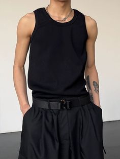 Model is 5ft 9''(176cm) tall, 145 lbs(66kg) weight and wearing a size L168cm 59kg wearing a size M - KNIT- Sleeveless- Pullover- 3 colors Black Sleeveless Top Outfit Men, Black Sleeveless Shirt Men, Tank Top Men’s Outfit, Sleeveless Turtleneck Outfit Men, Tank Outfit Men, Male Sleeveless Shirt, Brat Moodboard, White Tank Top Outfit Men, Black Tank Top Outfit Men