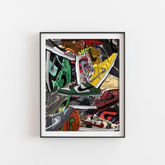 an art print of sneakers in various colors and sizes on a white wall above a black frame