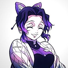 a drawing of a woman with purple hair and cat ears