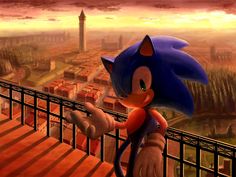 sonic the hedgehog leaning on a railing in front of a cityscape at sunset