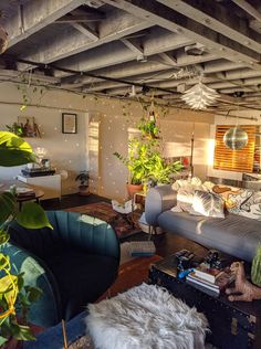 a living room filled with furniture and lots of plants