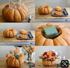 several pictures of pumpkins and flowers on a table with cake cutters, butter