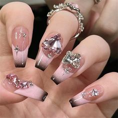 24pcs Sparkly Diamond False Nail French Long Coffin Press on Nails for Nail Art Black French Tips, Nagel Tips, Nail Type, Fake Nails With Glue, Pearl And Lace, Nail Length, Diamond Nails, Crystal Nails, False Nail