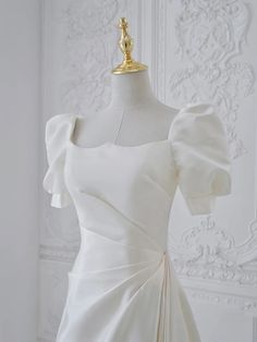 High-quality satin wedding bridal wedding dress white French light wedding dress sold by ivowedding on Storenvy Wedding Dress With Pearl Sleeves, Short White Wedding Dress, Halterneck Wedding Dress, Ivory Satin Wedding Dress, Filipiniana Wedding Dress, Light Wedding Dresses, Wedding Dress Material, Short White Dress Wedding, Modern Wedding Dresses