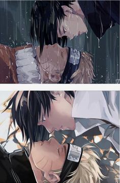 two anime characters kissing in the rain