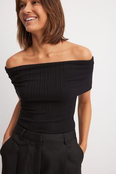 Off Shoulder Rib Top Black Fitted Black Off-shoulder Top, Black Fitted Off-shoulder Top, Chic Ribbed Fitted Off-shoulder Top, Chic Ribbed Stretch Off-shoulder Top, Versatile Off-shoulder Black Top, Chic Stretch Ribbed Off-shoulder Top, Stretch Ribbed Off-shoulder Top, Chic Black Stretch Off-shoulder Top, Black Stretch Elastane Off-shoulder Top