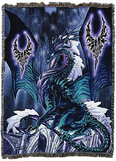 a blue dragon sitting on top of a pile of white feathers with purple and black designs