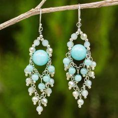 Beaded Chandelier Earrings with Blue Quartz and Glass Beads - Brilliant Meteor | NOVICA Diy Dangle Earrings, Beaded Chandelier Earrings, Beaded Chandelier, Handmade Wire Jewelry, Beaded Hoop Earrings, Blue Quartz, Earring Patterns, Diy Schmuck, Quartz Earrings