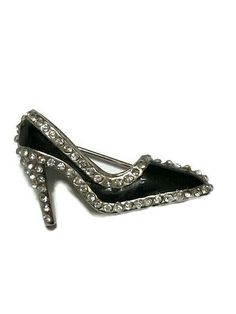 Vintage Rhinestone Black Enamel Shoe Heel Pump Brooch Pin 1” x 1 1/2” Silver Party Enamel Pin, Formal Silver Enamel Brooches, Vintage Black Enamel Pin For Gift, Vintage Black Brooch For Anniversary, Vintage Black Brooches For Anniversary, Formal Silver Enamel Brooch Pin, Formal Costume Jewelry Pins, Vintage Black Lapel Pin For Gift, Vintage Black Lapel Pin As Gift