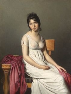 a painting of a woman in white sitting on a chair with a red blanket around her