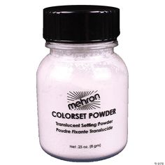 Colorset Powder 2oz. Set your makeup! Traditional colorset setting powder has a super absorbent, neutral translucent formula perfect for setting any cream makeup. To use: Apply liberally to a powder puff and press powder into the makeup to absorb excess moisture. Dust off excess with a powder brush. Remove with Makeup Remover followed by soap and water. Not tested on animals. 2 oz round plastic container with screw-on lid. Makeup Traditional, Press Powder, Lip Primer, Halloween Express, Cream Makeup, Leather Dye, Plastic Container, Sfx Makeup, Pressed Powder