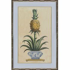 a painting of a pineapple in a blue and white vase