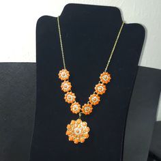 Peach And Diamond Stones Set In Gold Flower Pattern. The Main Larger Charm Is Removable To Wear On A Separate Chain Alone Or Even To Hold A Scarf. Orange Costume Jewelry Necklace For Gift, Orange Flower Necklaces As A Gift, Orange Adjustable Costume Jewelry, Orange Flower Necklace For Gift, Adjustable Orange Costume Jewelry, Orange Beaded Flower Jewelry, Orange Flower Pendant Necklace For Gift, Orange Flower Pendant Necklace Gift, Handmade Orange Necklace With Flower Pendant