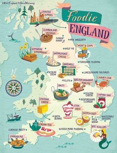 an illustrated map of foodie england with all the places to eat and drink on it