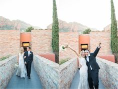 a bride and groom are posing on a bridge with their arms up in the air