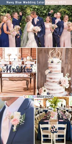 a collage of wedding photos with bride and grooms in blue, pink and white