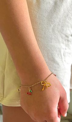 Charm Bracelet, Dainty Charm Bracelet, Coquette Cherry Charm Jewelry Birthday Gift, Red and Gold Charm Bracelet Gift - Etsy Coquette Bracelet, Bracelet Coquette, Coquette Cherry, Cherry Charm, Custom Charm Bracelet, Coastal Jewelry, Bracelet Dainty, Custom Charms, Bow Jewelry