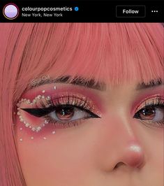 Rave Makeup With Gems, Pink Concert Makeup Ideas, Fun Makeup With Gems, Creative Pink Makeup, Sylveon Makeup, Pink Circus Aesthetic, Pink Concert Makeup, Face Gems Ideas, Unique Makeup Looks Fun