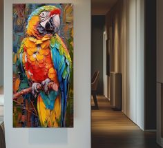 a painting of a colorful parrot perched on a branch in front of a white wall