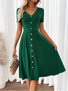 Women's Elegant V-Neck Short Sleeve Green A-Line Dress Green Casual  Short Sleeve Knitted Fabric Plain A Line Medium Stretch  Women Clothing, size features are:Bust: ,Length: ,Sleeve Length: Casual Stretch Dress With Buttons, Green Non-stretch V-neck Midi Dress, Casual Fitted Midi Dress With V-neck, Green V-neck Dress With Buttons, Plain Dress, Soft Classic, Vestidos Vintage, Dress For Short Women, 가을 패션