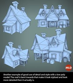 four different views of a house with windows and roof tops, all in blueprint