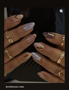 Galactic Nail Designs, Latina Almond Nails, Jade Stone Nails, Nail Inspo Trendy 2024 Spring Almond, Funky Nails Inspo Summer, Gold Detail Nails, Artsy Nails Designs, Fluffy Nails, Textured Nail Art