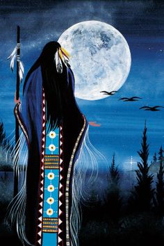 a painting of a native american woman in front of a full moon