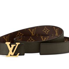 LOUIS VUITTON® - Lv Initiales 30mm Reversible Belt - Khaki Marine Louis Vuitton Accessories, Lv Belt, Reversible Belt, Elegant Centerpieces, Lv Monogram, Louis Vuitton Official, Color Dorado, Monogram Canvas, Smooth Leather