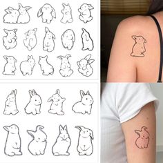 the back of a woman's shoulder with various rabbit tattoos on her left arm