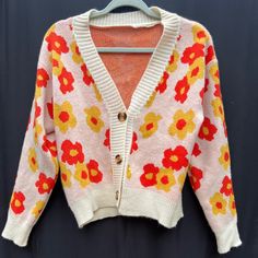 Floral Sweater, Soft Button-Up, Never Worn Spring Trendy Sweater With Button Closure, Trendy Spring Cardigan With Button Closure, Trendy Spring Sweater With Button Closure, Red Spring Cardigan With Button Closure, Pink Floral Print Casual Outerwear, Casual Pink Floral Print Outerwear, Casual V-neck Outerwear With Floral Print, Spring Multicolor Button-up Sweater, Multicolor Button-up Sweater For Spring