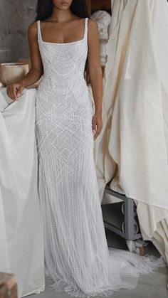 Dana Harel | La Femme #danaharel #fashion #moda #dress #vestido #gown #weddingdress #whitedress #bride #bridal #vestidodenoiva #vestidobranco #whitegown Wedding Dress Scalloped, V Neck Beaded Wedding Dress, Beaded Wedding Dress A Line, Boho Beaded Wedding Dress, Jewelled Wedding Dress, Sheath Pearl Wedding Dress, Beaded Spaghetti Strap Wedding Dress, Second Bridal Dress, Bejeweled Wedding Dress