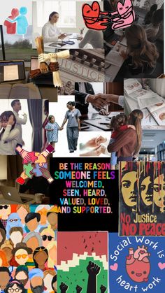 the collage has many different images and words on it, including an image of people