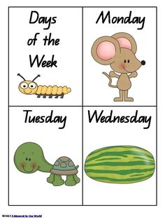 the days of the week with pictures of animals and watermelon, including a mouse