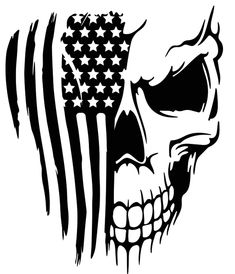 a skull with an american flag painted on it's face is shown in black and white