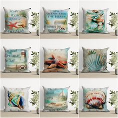 pillows with seashells and shells on them