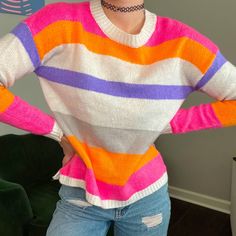 Multicolor Long Sleeve Knit Sweater. Great Condition, Never Worn. Trendy Multicolor Soft Knit Sweater, Spring Color Block Acrylic Sweater, Cute Multicolor Knit Sweater, Fall Soft Knit Pink Sweater, Cute Pink Knit Sweater, Cozy Pink Acrylic Sweater, Pink Crew Neck Sweater In Acrylic, Pink Color Block Sweater For Fall, Pink Crew Neck Acrylic Sweater