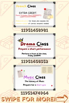 the back side of an advertisement for a music class with different font and numbers on it