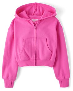 FABRICATION: 54% cotton/46% polyester fleece body, 57% cotton/38% polyester/5% spandex rib-knit cuffs & hem, imported DESIGN: Cropped fit, attached hood, long sleeves with drop shoulders, banded cuffs & thumb holes FEATURES: Heavier weight fleece with brushed interior for added warmth, fabric finished for added softness & to reduce shrinkage, zip front, kangaroo pocket We're making a difference! We've proudly partnered with Better Cotton to improve cotton farming globally. When you buy cotton st Pink Zip Up, Cropped Zip Up Hoodie Outfit, Old Nikes, Cropped Zip Up Hoodie, Monday Swimwear, Cropped Zip Up, Cute Dress Outfits, Dance Clothes, Cute Lazy Day Outfits