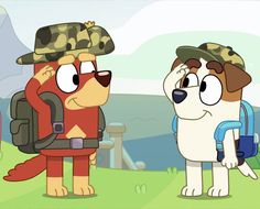 two cartoon dogs with backpacks standing next to each other