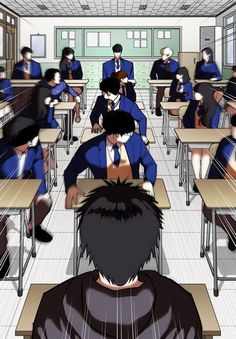 an anime classroom with students sitting at desks and one person standing in front of them