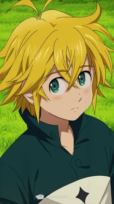 an anime character with blonde hair and blue eyes in front of green grass, looking at the camera