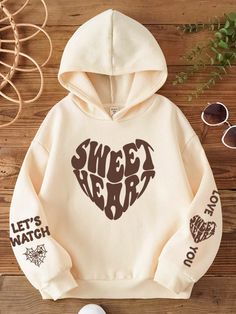 Beige Casual Collar Long Sleeve Knitted Fabric Heart,Letter Pullovers Embellished Slight Stretch  Tween Girls Clothing Hudi Item Girl, Really Cute Outfits Winter, Shein Hoodies, Beige Clothes, Clothes For Winter, Trendy Sweatshirts, Cute Sweaters For Fall, Aesthetic Hoodies