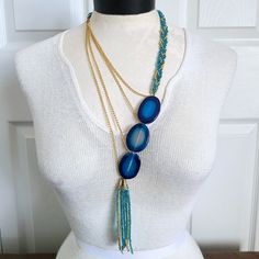 Handmade Artisan Necklace, Made By Me Brand New! A Gorgeous Wrap-Around Fashion Piece That Is Also Work Of Art. One Of My Very Best. Large Blue Agate Slices Are The Focal Piece Of This Necklace, With A Thick Braid Of Iridescent Blue And Bright Gold Beadwork On The Left Side, And Handmade Bead Tassel At The Bottom. A Quad Strand Of Gold Chain Work Design Connects The Right Side To The Agate, And A Matching Lobster Clasp On The Side Of The Neck. Don't Like The Price? I'm Open To Reasonable Offers! Sliver Necklace, Lariat Style Necklace, Pearl Charm Necklace, Beautiful Gold Necklaces, Artisan Necklace, Long Beaded Necklace, Gold Necklace Layered, Agate Necklace, Sterling Silver Flowers