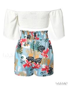 Lasaky - Tropical Print Drawstring Crop Top And Ruched Shorts Set Ruched Shorts, Drawstring Crop Top, Chic Type, Print Crop Tops, Printed Drawstring, Floral Print Shorts, Shoulder Crop Top, Purple Fashion, Solid Tops