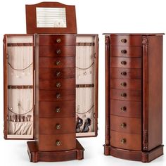 two wooden jewelry boxes with drawers on each side and an open drawer in the middle