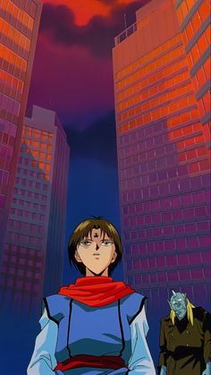 an anime character standing in front of some tall buildings with red and blue lights on them