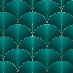 an art deco wallpaper design in teal green and gold, with fan shaped shapes