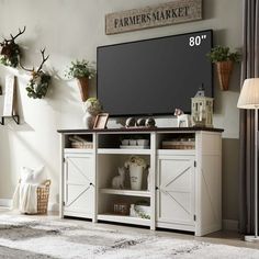 a living room scene with focus on the entertainment center and large screen tv mounted to the wall